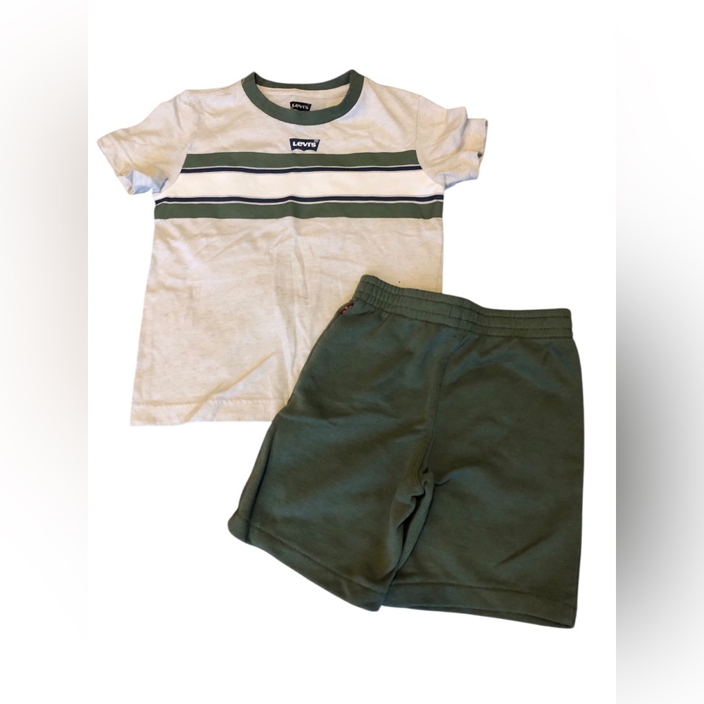 Levi's White Tee with Olive Green Trim and Navy Logo